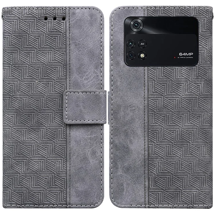 Für Xiaomi Poco M4 Pro Wallet Stand Phone Case Geometry Imprinted PU Leather Cover - Grau