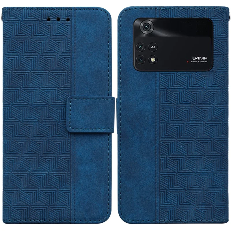 For Xiaomi Poco M4 Pro Wallet Stand Phone Case Geometry Imprinted PU Leather Cover - Blue