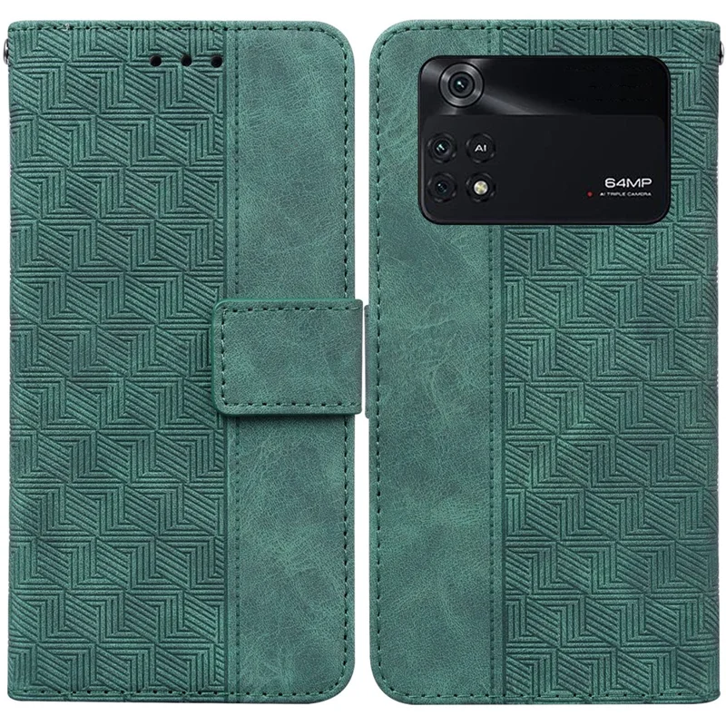 Para Xiaomi Poco M4 Pro Wallet Stand Case de Teléfono Geometría Impresa Cover de Cuero PU - Verde