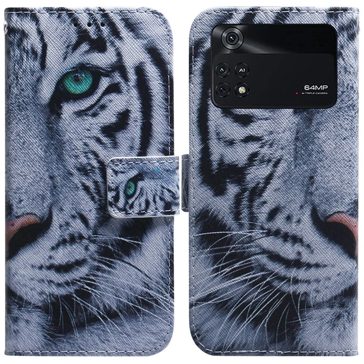 Für Xiaomi Poco M4 Pro Muster-Druck-Ledertasche, PU-Leder-Geldbörse mit Ständer - Tigerkopf