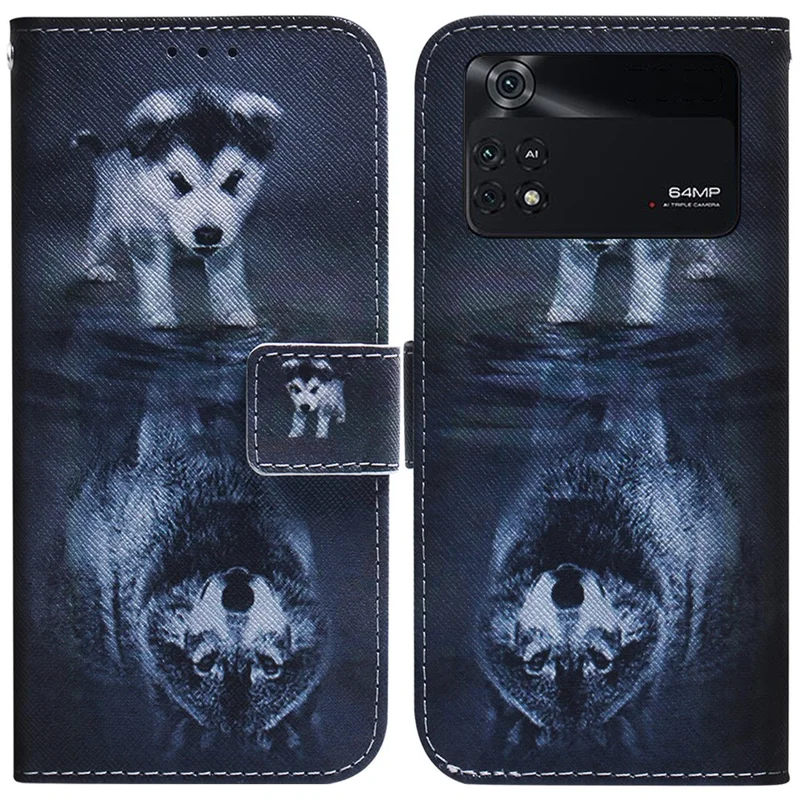 Per Xiaomi Poco M4 Pro Pattern Stamping Case in Pelle Pechet Coperchio Con Supporto - Cane e Lupo