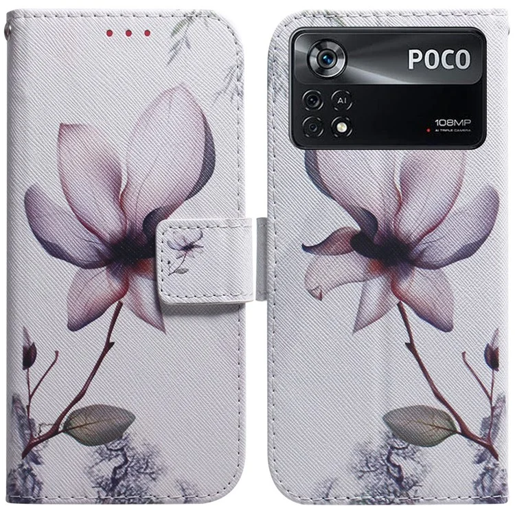 Pattern Printed Phone Case for Xiaomi Poco X4 Pro 5G PU Leather Folio Flip Cover Magnetic Closure Shell with Stand/Wallet - Pink Flower