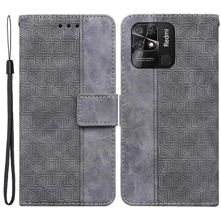 Capa de telefone com impressão geométrica para Xiaomi Redmi 10C, capa de couro magnética com suporte para carteira - Cinza