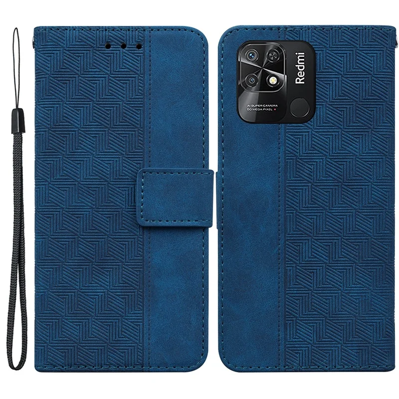 Geometry Imprinted Phone Case for Xiaomi Redmi 10C 4G Wallet Stand PU Leather Magnetic Clasp Cover with Strap - Blue