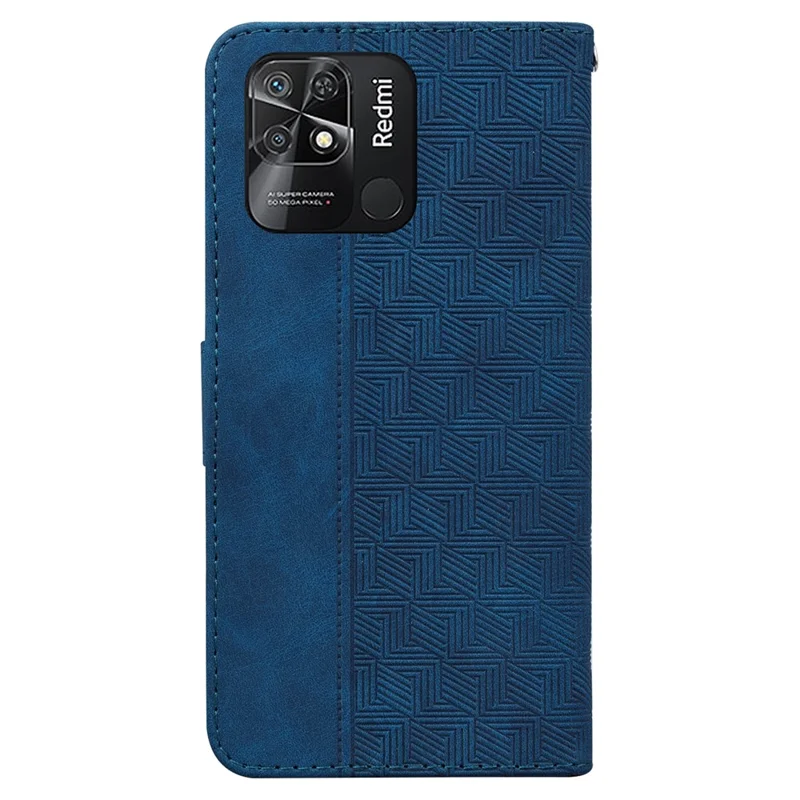 Geometry Imprinted Phone Case for Xiaomi Redmi 10C 4G Wallet Stand PU Leather Magnetic Clasp Cover with Strap - Blue