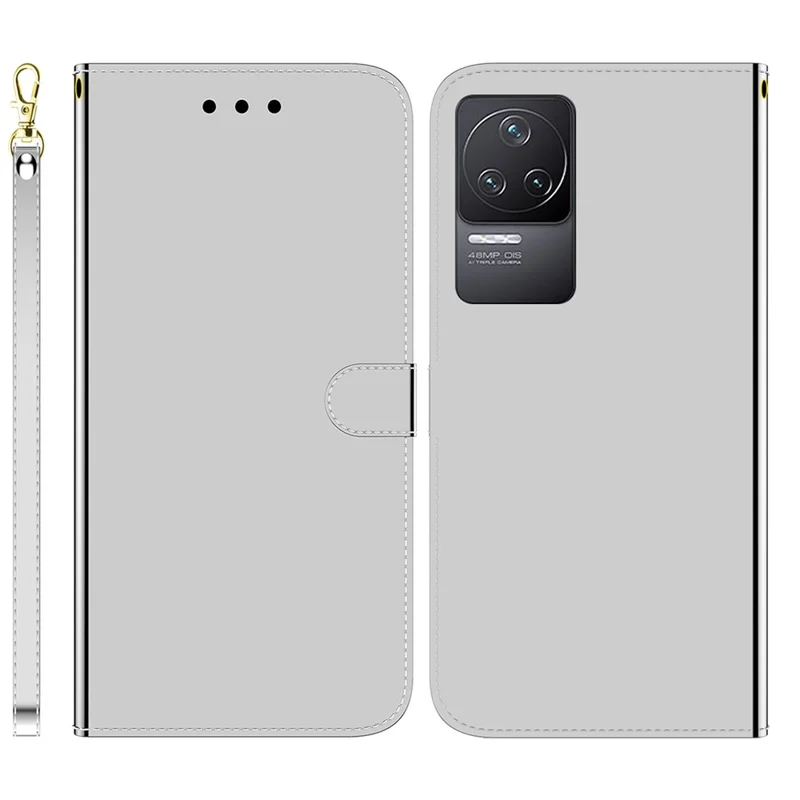 For Xiaomi Redmi K50/Redmi K50 Pro Well-protected PU Leather Wallet Stand Case Mirror Surface Mobile Phone Shell Cover with Strap - Silver