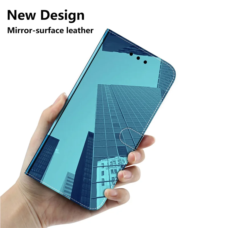 Pour Xiaomi Redmi K50 / Redmi K50 Pro Bien Protégé PU en Cuir de Support de Porte-support Miroir de Surface de Surface de Surface de la Coque de la Coque de Téléphone Mobile Avec Bracelet - Bleu