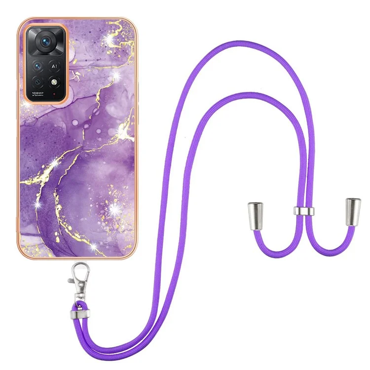 Серия YB IMD-9 для Xiaomi Redmi Note 11 4G (Qualcomm)/Note 11S 4G Electroplating Frame Soft TPU Cover Marble Pattern IMD Phone Case with Lanyard - Purple 002