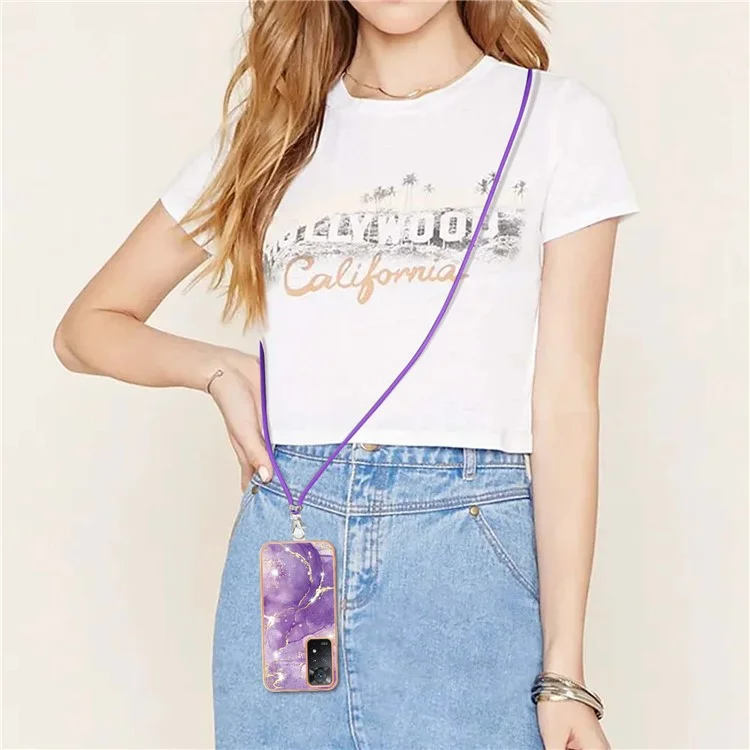 Серия YB IMD-9 для Xiaomi Redmi Note 11 4G (Qualcomm)/Note 11S 4G Electroplating Frame Soft TPU Cover Marble Pattern IMD Phone Case with Lanyard - Purple 002