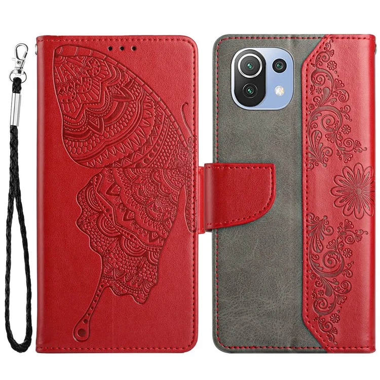 Para Xiaomi Mi 11 Lite 4G/5G/11 Lite 5G Stand de la Blanda Corte Del Teléfono Script Script PU Cubierta de Cuero Protector Con Flor de Mariposa Impresa - Rojo