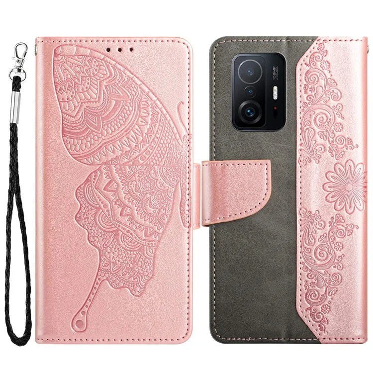 For Xiaomi 11T/11T Pro Butterfly Flower Imprinted Phone Case Magnetic Closure PU Leather Cover Wallet Stand Folio Phone Case with Strap - Pink