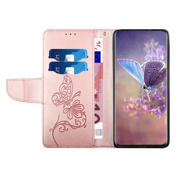 For Xiaomi 11T/11T Pro Butterfly Flower Imprinted Phone Case Magnetic Closure PU Leather Cover Wallet Stand Folio Phone Case with Strap - Pink