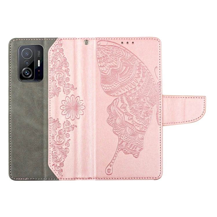 For Xiaomi 11T/11T Pro Butterfly Flower Imprinted Phone Case Magnetic Closure PU Leather Cover Wallet Stand Folio Phone Case with Strap - Pink