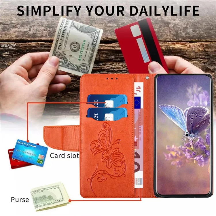 Para Xiaomi Redmi Note 11 Pro 5G (Qualcomm) / 11 Pro 4G (MEDIATEK) Caja Del Teléfono A Prueba De Golpes PU Cubierta De Cuero De La PU De La Mariposa Protector De Teléfono Impreso Con Soporte De Cartera - Naranja