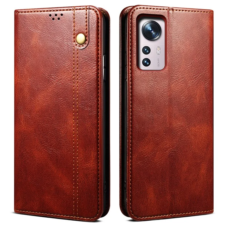 For Xiaomi 12/12X/12S 5G Wallet Phone Case Magnetic Absorption Waxy Crazy Horse Texture PU Leather Stand Phone Cover - Brown