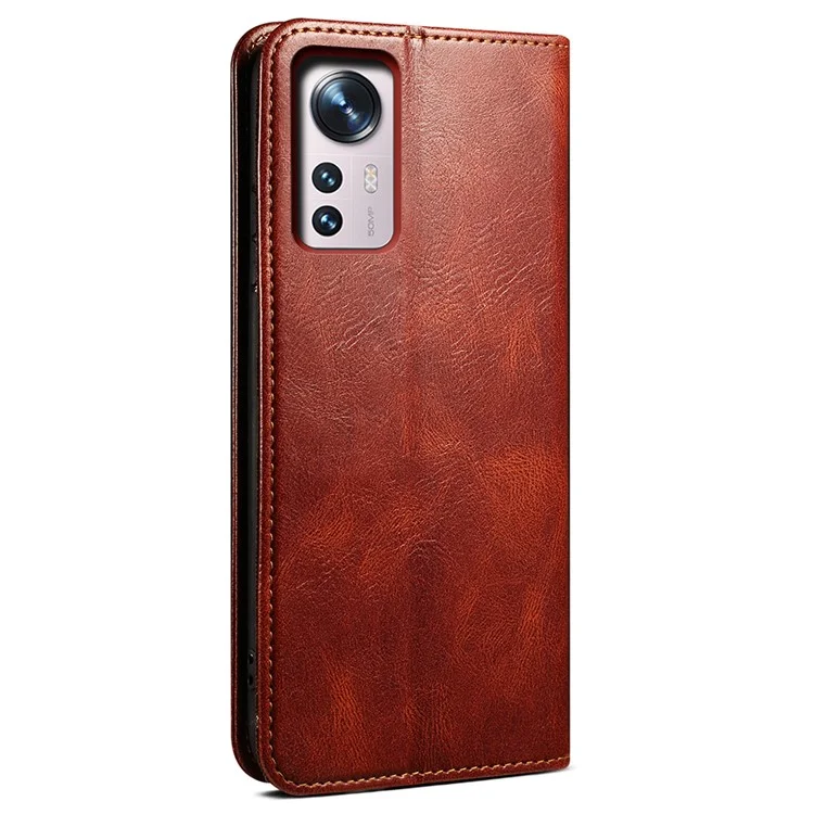 For Xiaomi 12/12X/12S 5G Wallet Phone Case Magnetic Absorption Waxy Crazy Horse Texture PU Leather Stand Phone Cover - Brown