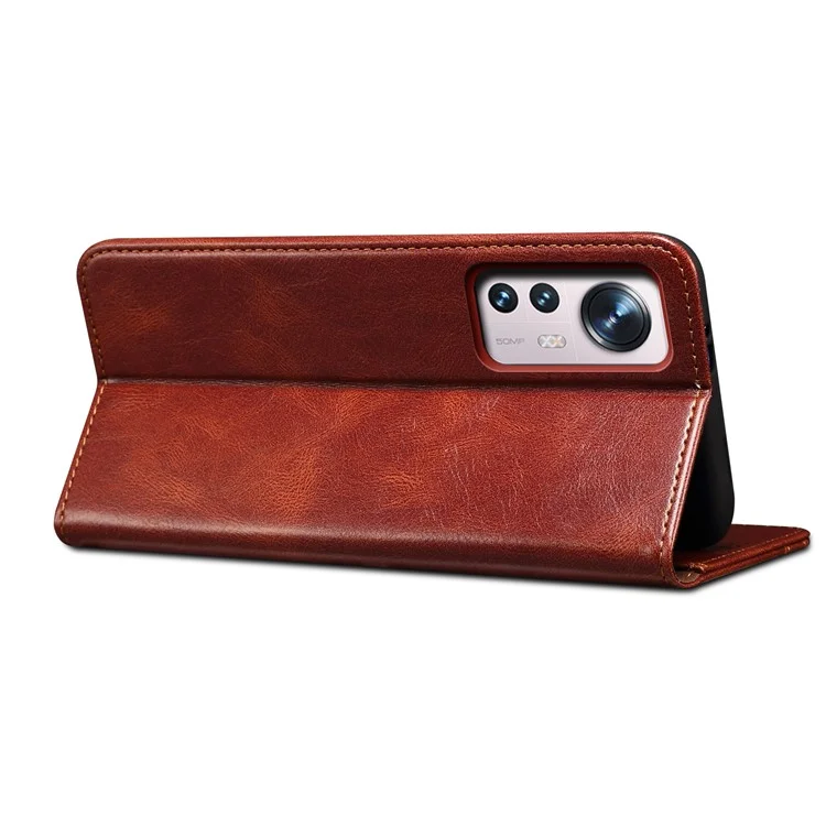 For Xiaomi 12/12X/12S 5G Wallet Phone Case Magnetic Absorption Waxy Crazy Horse Texture PU Leather Stand Phone Cover - Brown