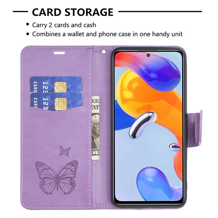 Per Xiaomi Redmi Note 11 Pro 5G (qualcomm)/nota 11 Pro 4G (MediaTek) BF Imprinting Pattern Serie-4 Farfalle Impronte Stand Regolable Case Wallet Copertina in Pelle - Viola