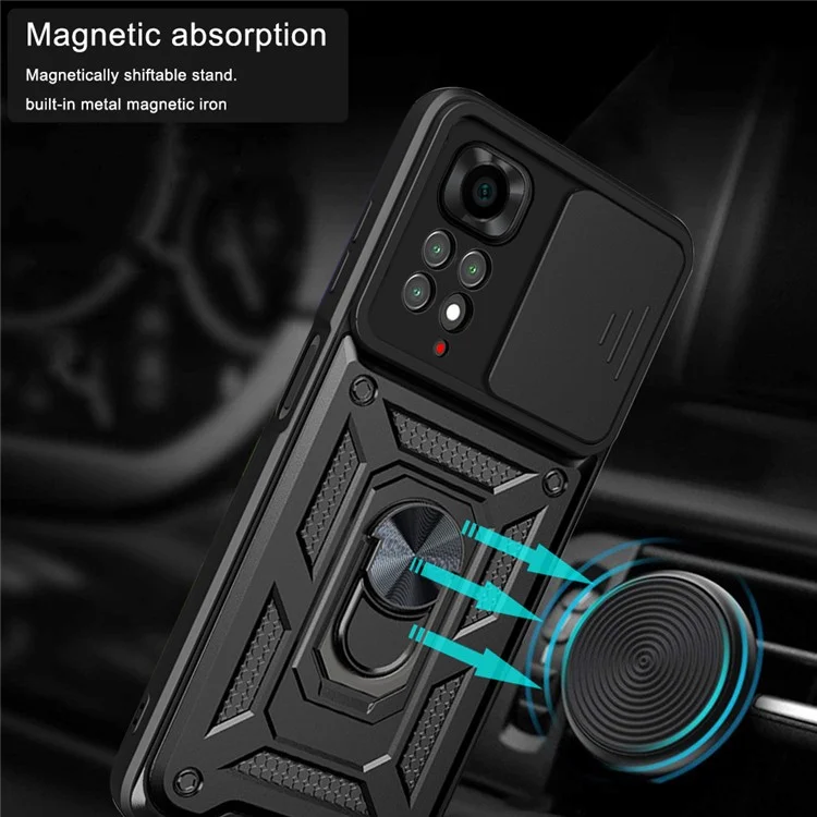 For Xiaomi Redmi Note 11S 4G Shockproof PC + TPU Hybrid Slide Camera Cover Feather Cell Phone Protector with Rotating Kickstand - Black