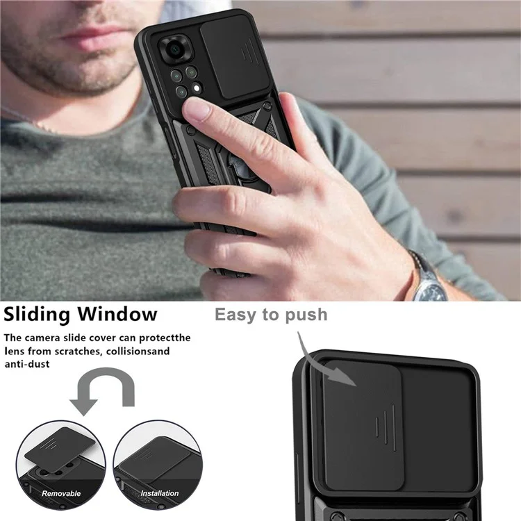 For Xiaomi Redmi Note 11S 4G Shockproof PC + TPU Hybrid Slide Camera Cover Feather Cell Phone Protector with Rotating Kickstand - Black