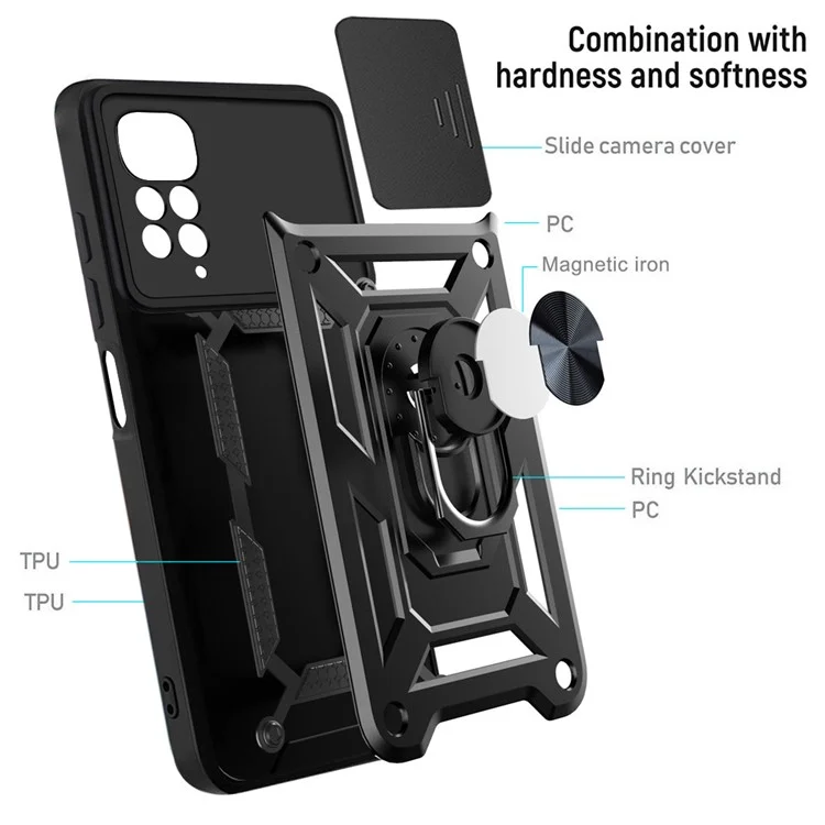 For Xiaomi Redmi Note 11S 4G Shockproof PC + TPU Hybrid Slide Camera Cover Feather Cell Phone Protector with Rotating Kickstand - Black