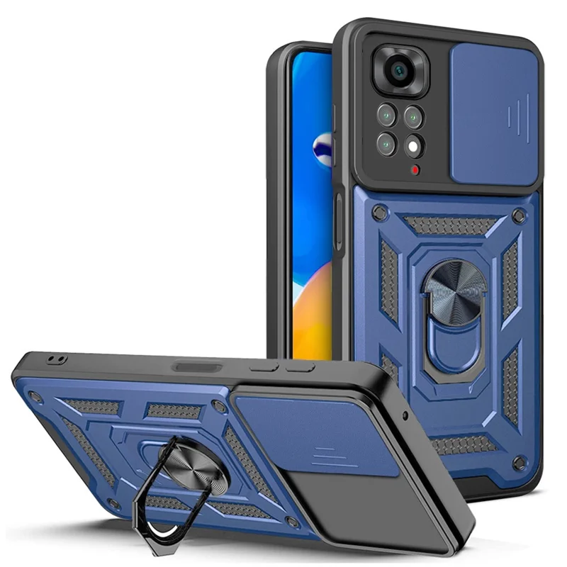 For Xiaomi Redmi Note 11S 4G Shockproof PC + TPU Hybrid Slide Camera Cover Feather Cell Phone Protector with Rotating Kickstand - Blue