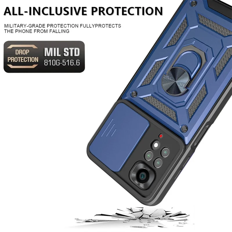 For Xiaomi Redmi Note 11S 4G Shockproof PC + TPU Hybrid Slide Camera Cover Feather Cell Phone Protector with Rotating Kickstand - Blue