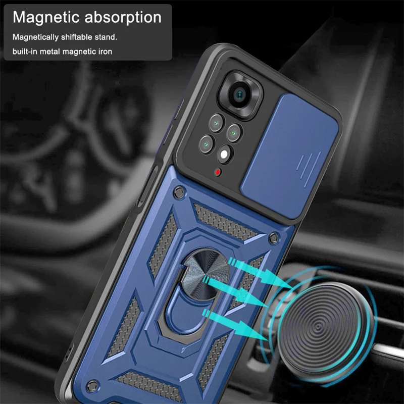 For Xiaomi Redmi Note 11S 4G Shockproof PC + TPU Hybrid Slide Camera Cover Feather Cell Phone Protector with Rotating Kickstand - Blue