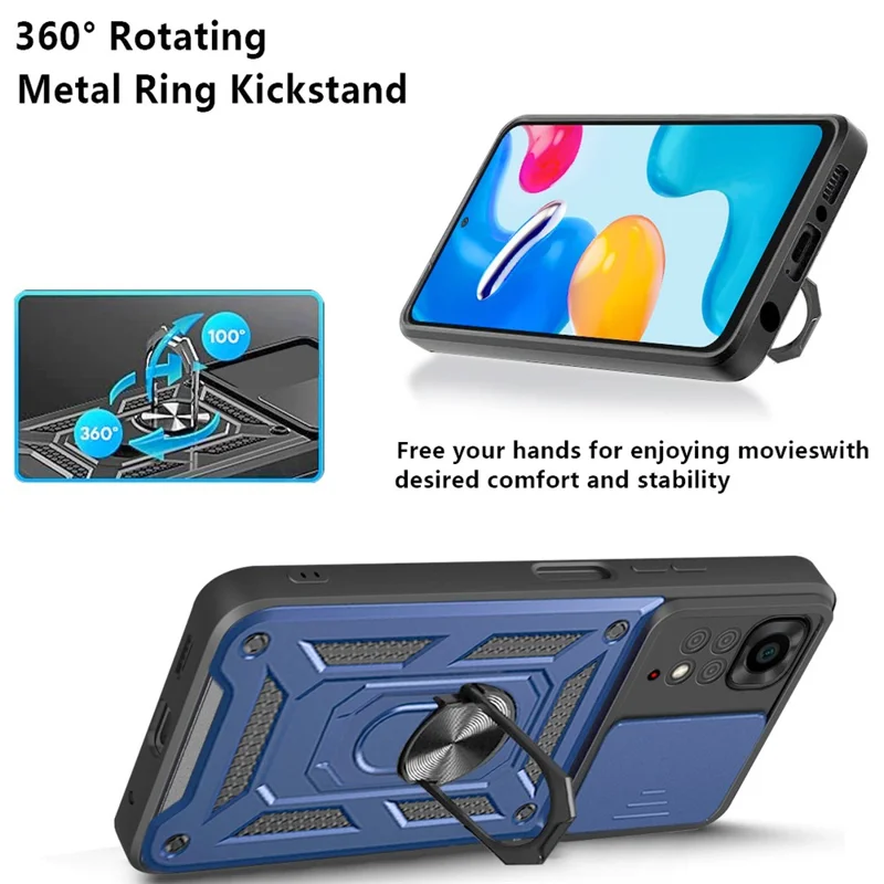 For Xiaomi Redmi Note 11S 4G Shockproof PC + TPU Hybrid Slide Camera Cover Feather Cell Phone Protector with Rotating Kickstand - Blue
