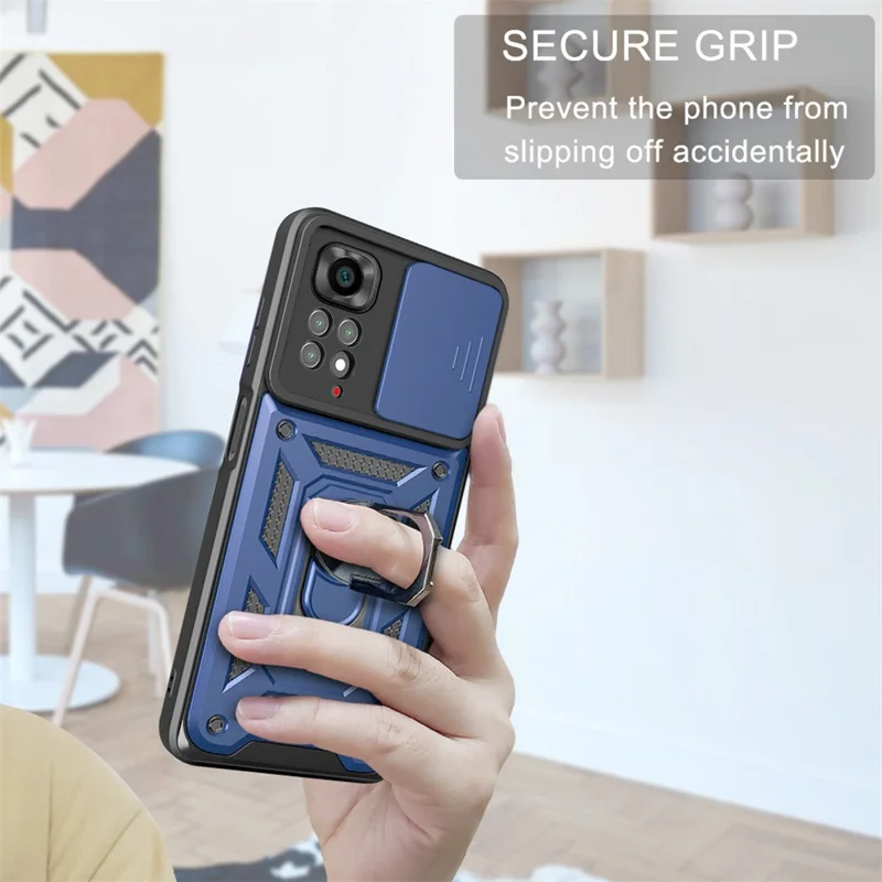For Xiaomi Redmi Note 11S 4G Shockproof PC + TPU Hybrid Slide Camera Cover Feather Cell Phone Protector with Rotating Kickstand - Blue