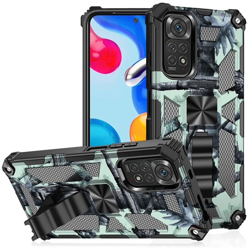 Für Xiaomi Redmi Anmerkung 11s 4G/Note 11 4G (Qualcomm) Schockdichte Case Slim Phone Protector Military Grade Panzerhybrid PC+TPU -abdeckung Mit Kickstand - Grün