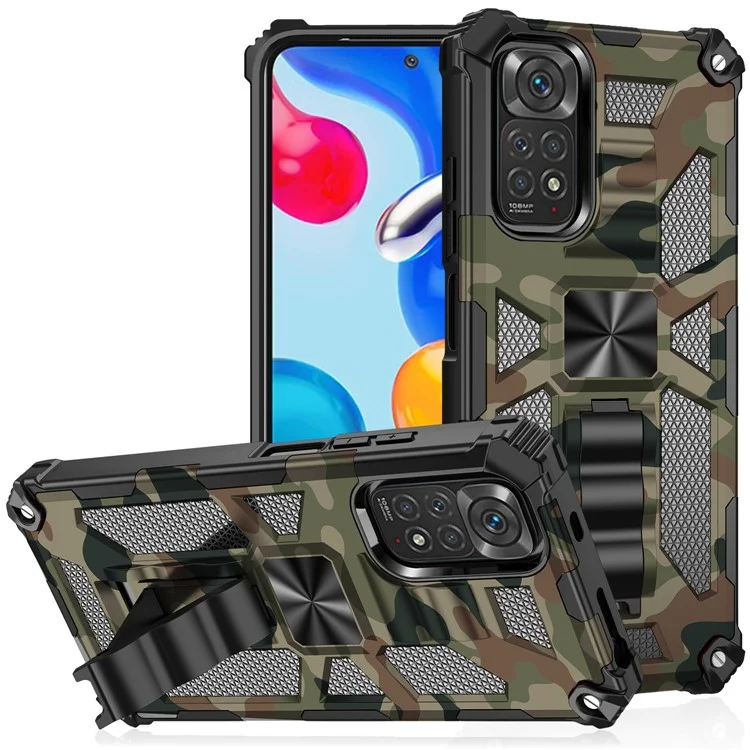 For Xiaomi Redmi Note 11S 4G/Note 11 4G (Qualcomm) Shockproof Case Slim Phone Protector Military Grade Armor Hybrid PC+TPU Cover with Kickstand - Army Green