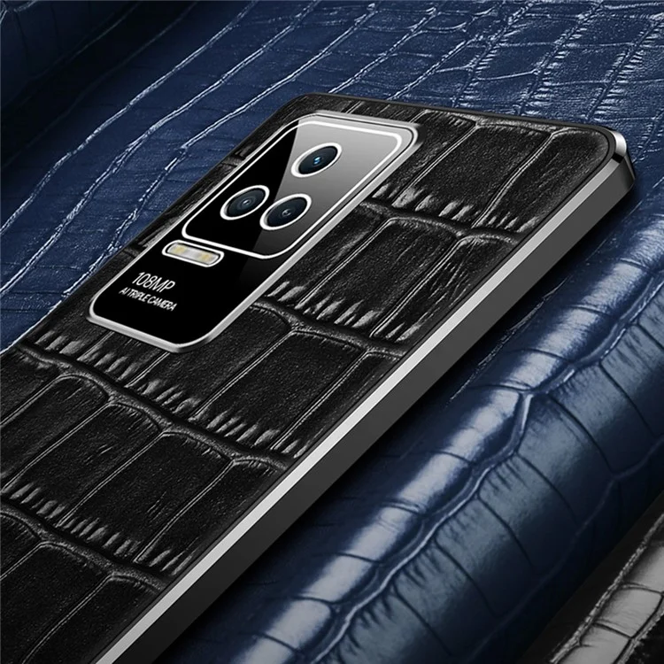 For Xiaomi Redmi K50 Pro/K50 Crocodile Texture Phone Case Anti-scratch Genuine Cowhide Leather Coating Electroplated TPU Cover - Black