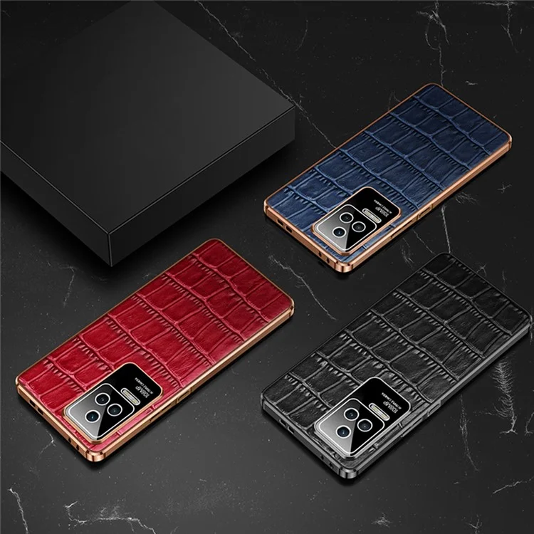 For Xiaomi Redmi K50 Pro/K50 Crocodile Texture Phone Case Anti-scratch Genuine Cowhide Leather Coating Electroplated TPU Cover - Black