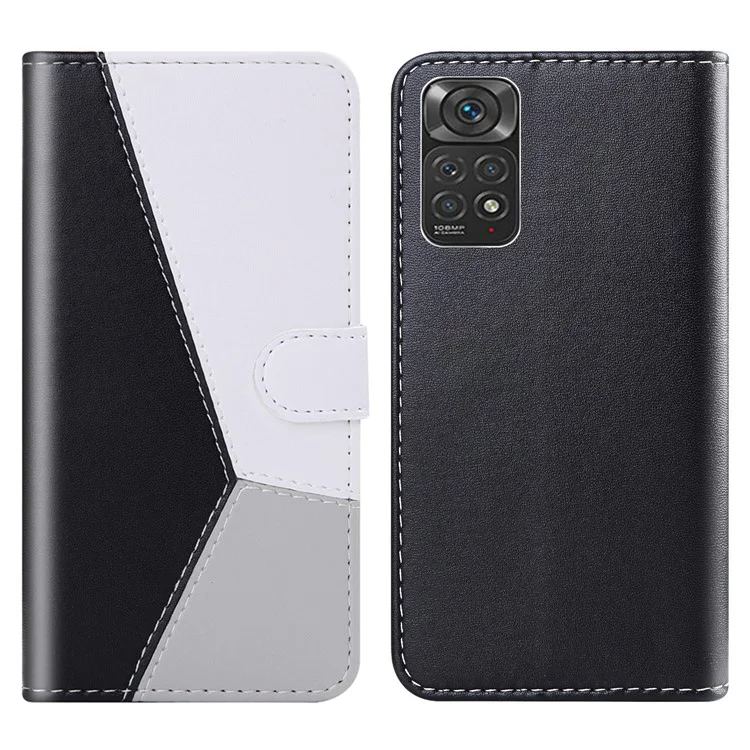 Three-color Splicing Leather Cover for Xiaomi Redmi Note 11S 4G/Redmi Note 11 4G (Qualcomm), Wallet Stand Design - Black/White/Grey