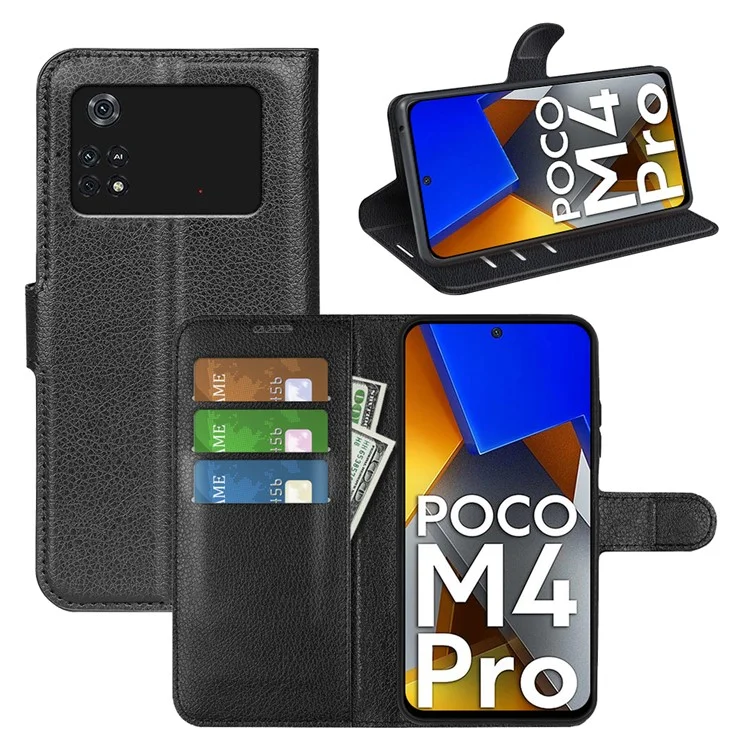 Per Xiaomi Poco M4 Pro 4G Folio Flip Litchi Texture PU Leather Case Wallet Stand Mobile Phone Cover - Nero
