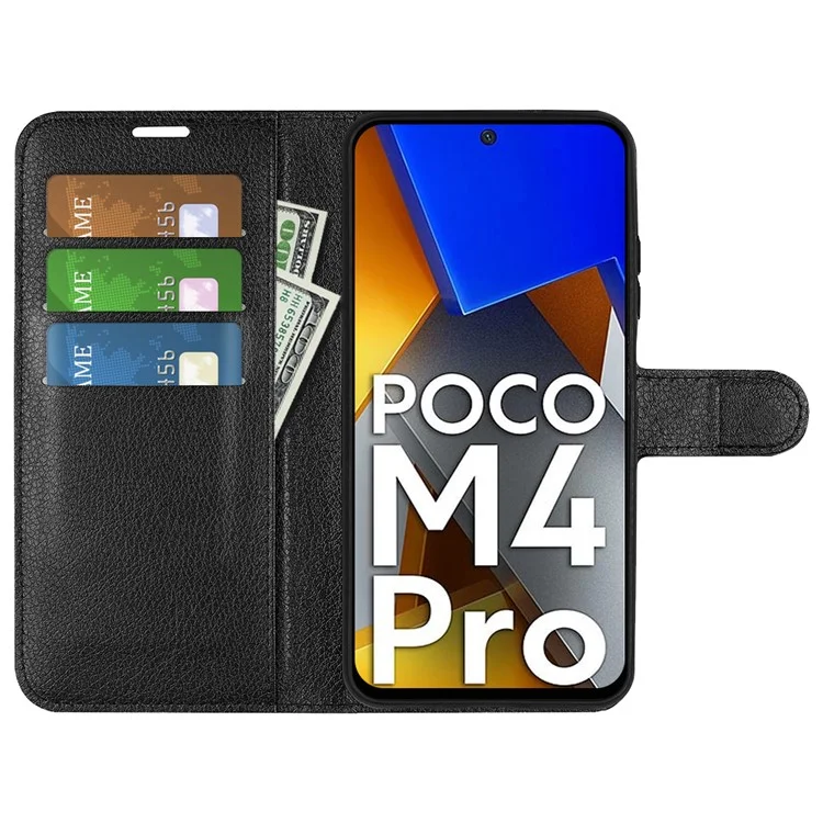 Per Xiaomi Poco M4 Pro 4G Folio Flip Litchi Texture PU Leather Case Wallet Stand Mobile Phone Cover - Nero