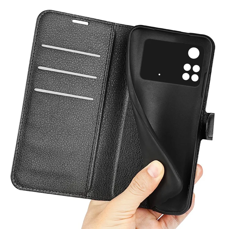 Per Xiaomi Poco M4 Pro 4G Folio Flip Litchi Texture PU Leather Case Wallet Stand Mobile Phone Cover - Nero