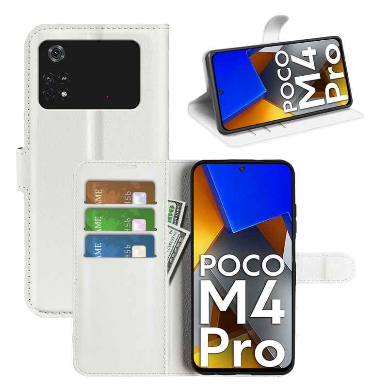 Para Xiaomi Poco M4 Pro 4G Folio Flip Litchi Textura PU Capa de Couro Pusta - Branco