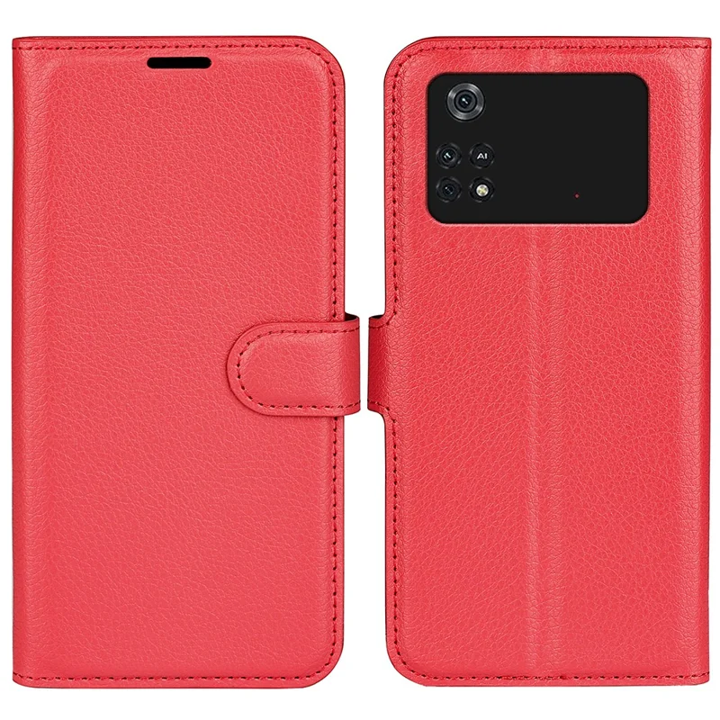 For Xiaomi Poco M4 Pro 4G Folio Flip Litchi Texture PU Leather Case Wallet Stand Mobile Phone Cover - Red