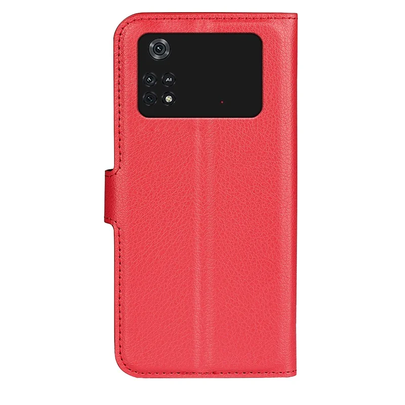 For Xiaomi Poco M4 Pro 4G Folio Flip Litchi Texture PU Leather Case Wallet Stand Mobile Phone Cover - Red