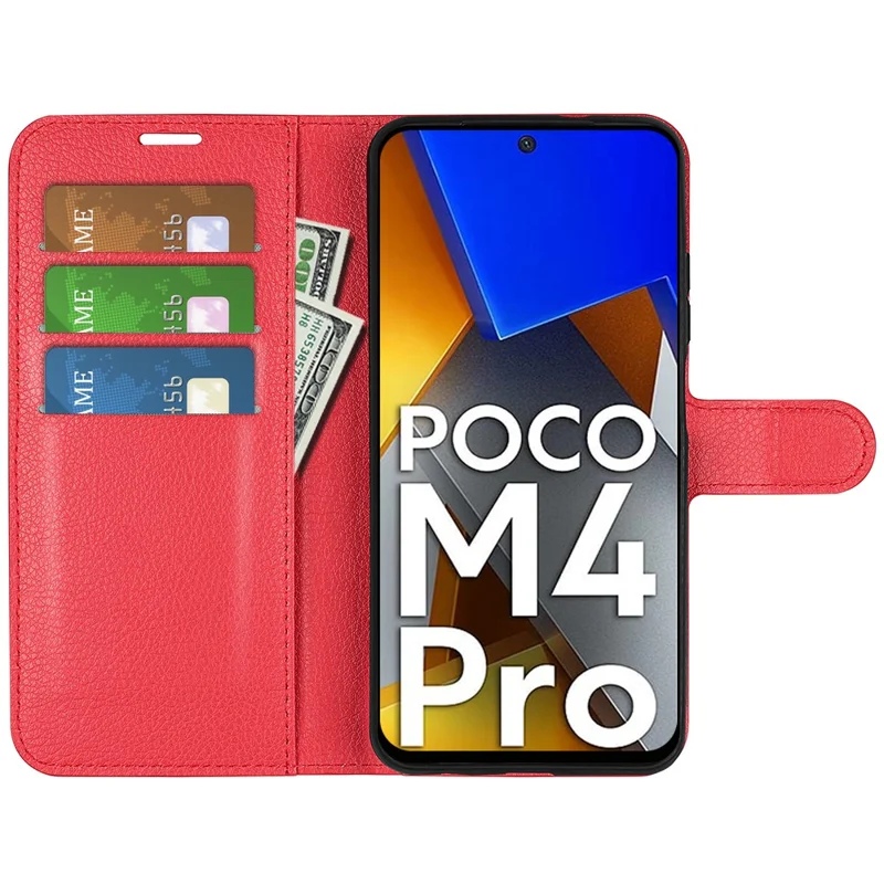 For Xiaomi Poco M4 Pro 4G Folio Flip Litchi Texture PU Leather Case Wallet Stand Mobile Phone Cover - Red
