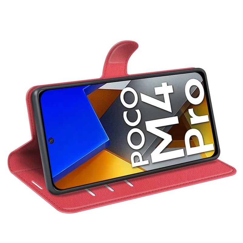 For Xiaomi Poco M4 Pro 4G Folio Flip Litchi Texture PU Leather Case Wallet Stand Mobile Phone Cover - Red