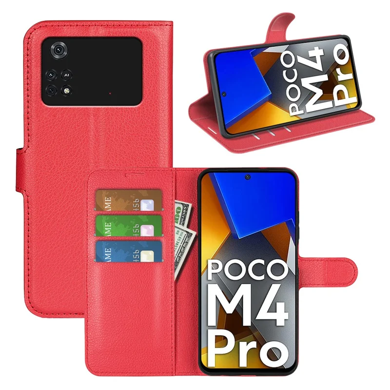 For Xiaomi Poco M4 Pro 4G Folio Flip Litchi Texture PU Leather Case Wallet Stand Mobile Phone Cover - Red