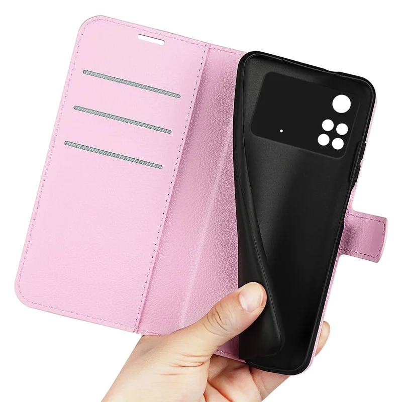Für Xiaomi Poco M4 Pro 4G Folio Flip Litchi Textur PU Leder Hülle Wallet Stand Mobiltelefon Cover - Rosa