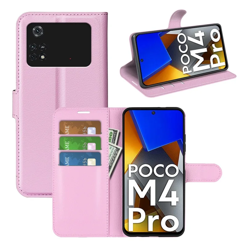 Für Xiaomi Poco M4 Pro 4G Folio Flip Litchi Textur PU Leder Hülle Wallet Stand Mobiltelefon Cover - Rosa