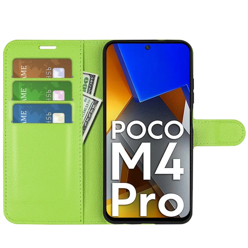 For Xiaomi Poco M4 Pro 4G Folio Flip Litchi Texture PU Leather Case Wallet Stand Mobile Phone Cover - Green