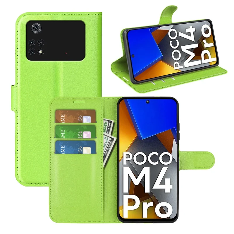 For Xiaomi Poco M4 Pro 4G Folio Flip Litchi Texture PU Leather Case Wallet Stand Mobile Phone Cover - Green