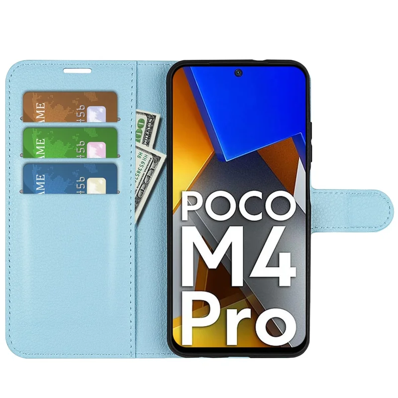 For Xiaomi Poco M4 Pro 4G Folio Flip Litchi Texture PU Leather Case Wallet Stand Mobile Phone Cover - Blue