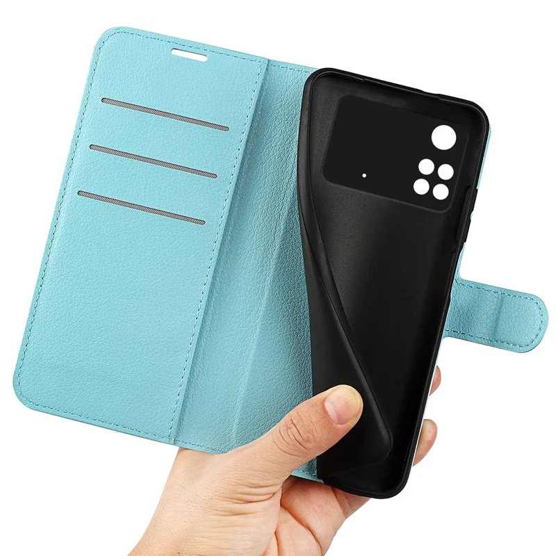 For Xiaomi Poco M4 Pro 4G Folio Flip Litchi Texture PU Leather Case Wallet Stand Mobile Phone Cover - Blue